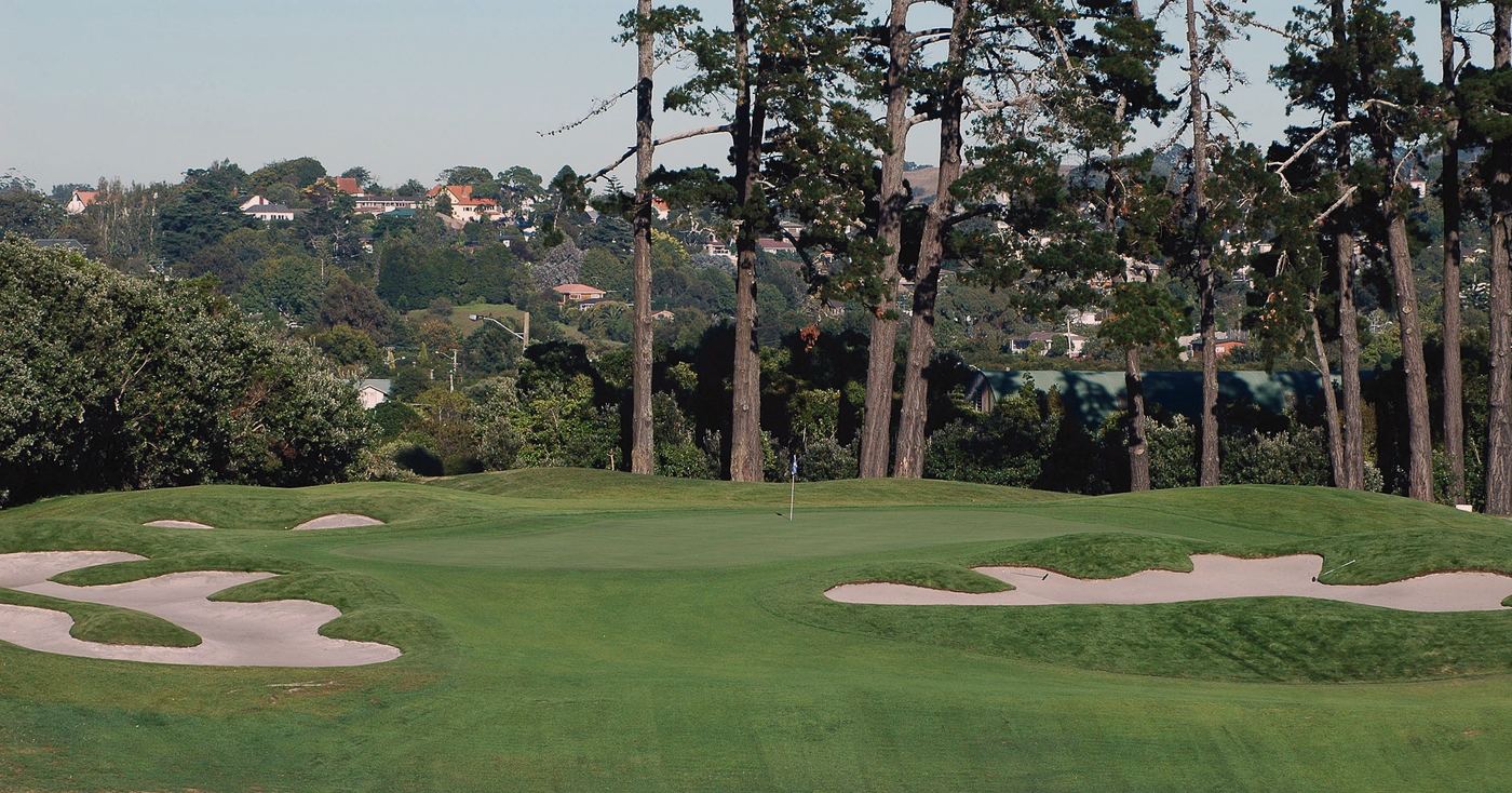 Green framed by tall pines and bunkers